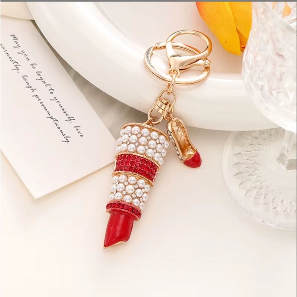 Pearl Lipstick Keychain Bag Charm - Red